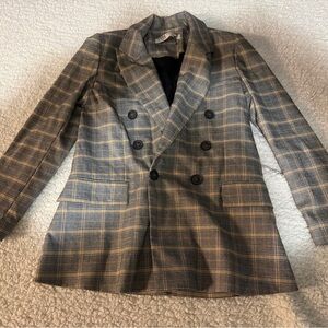 Free People Checkered Double-Breasted Blazer - Black and Gray